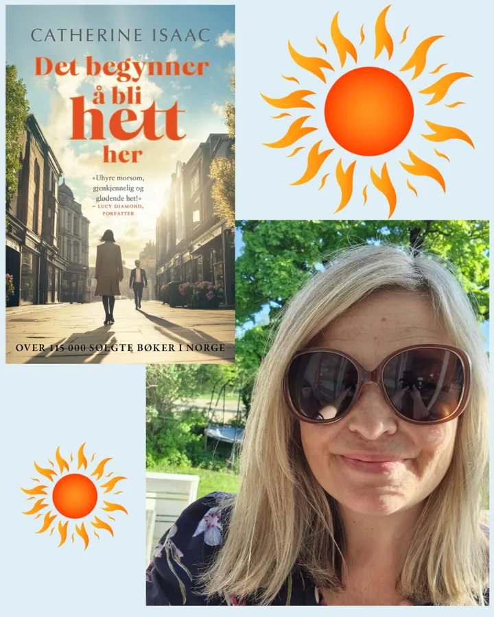 Bildecollage med bilde av bokomslag, to tegninger av en sol med solstråler og foto av kvinne med lyst langt hår og solbriller.