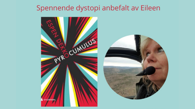 Bilde av bokas omslag sammen med et bilde av Eileen som sitter inne  et helikopter