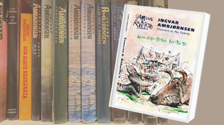 Bøker som står med ryggen til i en bokhylle, forsiden på boka Arven etter onkel Rin-Tin-Tei vises.