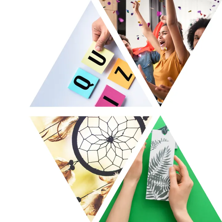 Fire trekanter som danner en pil. Et foto i hver av trekantene.