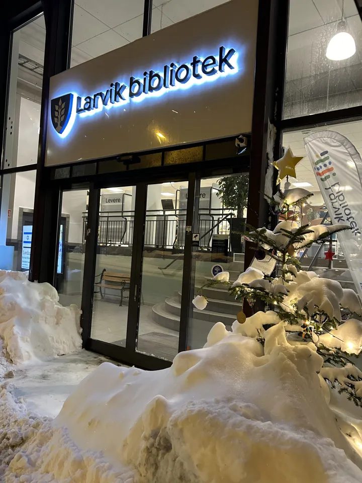 Inngangsdøren til Larvik bibliotek, med masse snø utenfor og et nedsnødd juletre til høyre for døren. Foto: Larvik bibliotek