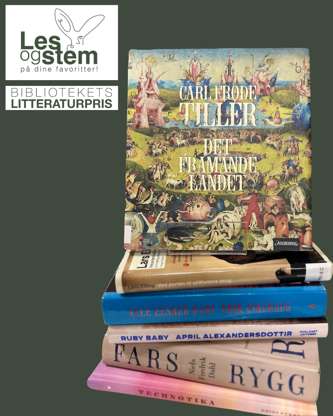 Foto av en en bokstabel med bøker. På toppen av bokstabelen står boka Det framande landet av Carl Frode Tiller. Ved siden av bøkene står teksten: "Les og stem på dine favoritter. Bibliotekets litteraturpris". Logo.