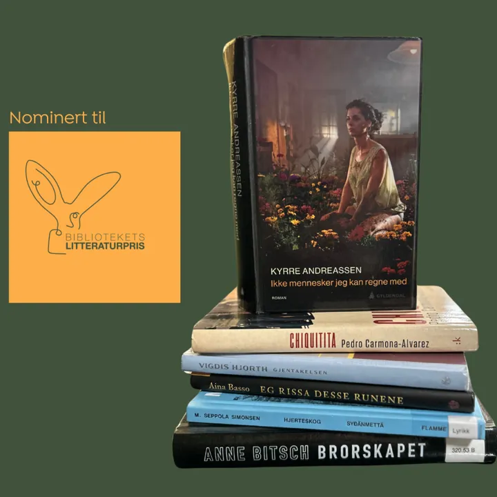 Fotocollage som består av teksten: Nominert til, pluss logoen til biblitoekets litteraturpris og et foto de nominerte bøkene som ligger i en bunke.