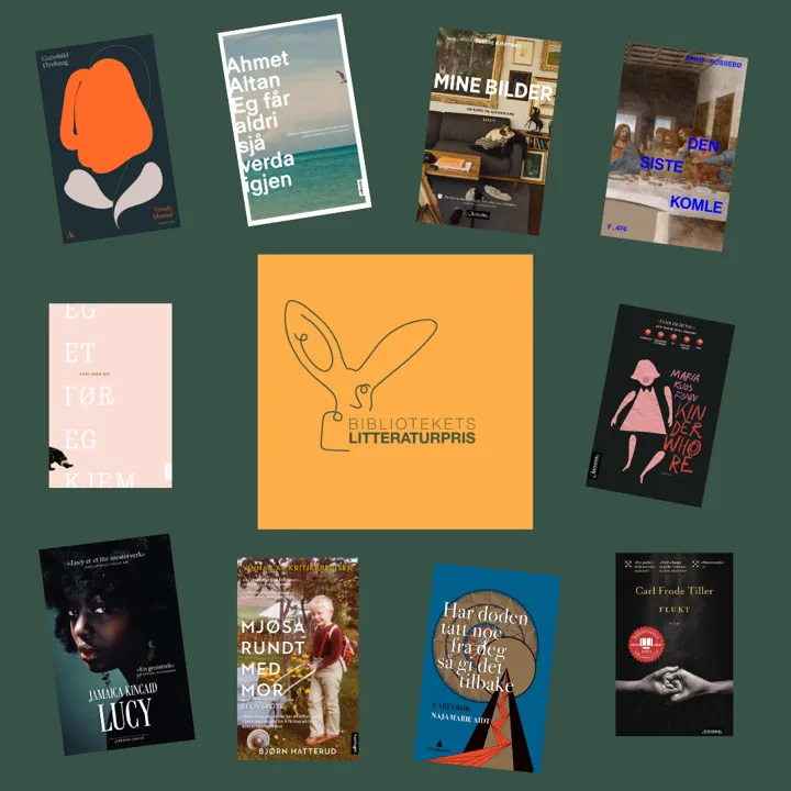 Collage satt sammen av logoen til Bibliotekets litteraturpris og de ti nominerte bøkene. Logoen er plassert i midten av bildet. Bokomslagene er plassert rundt logoen.
