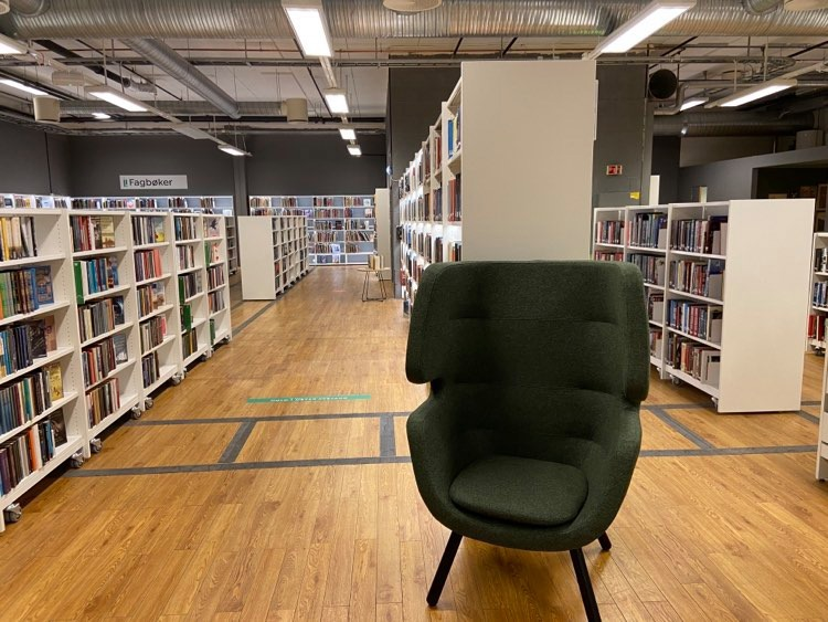 Stor grønn lenestol med bibliotekhyller bak. Foto