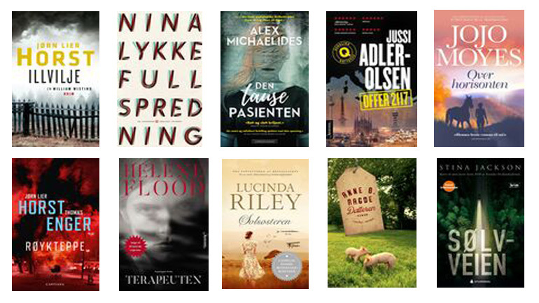 Bildet viser bokforsider til de 10 bøkene som var mest utlånt i 2020 på Larvik bibliotek. Illustrasjon