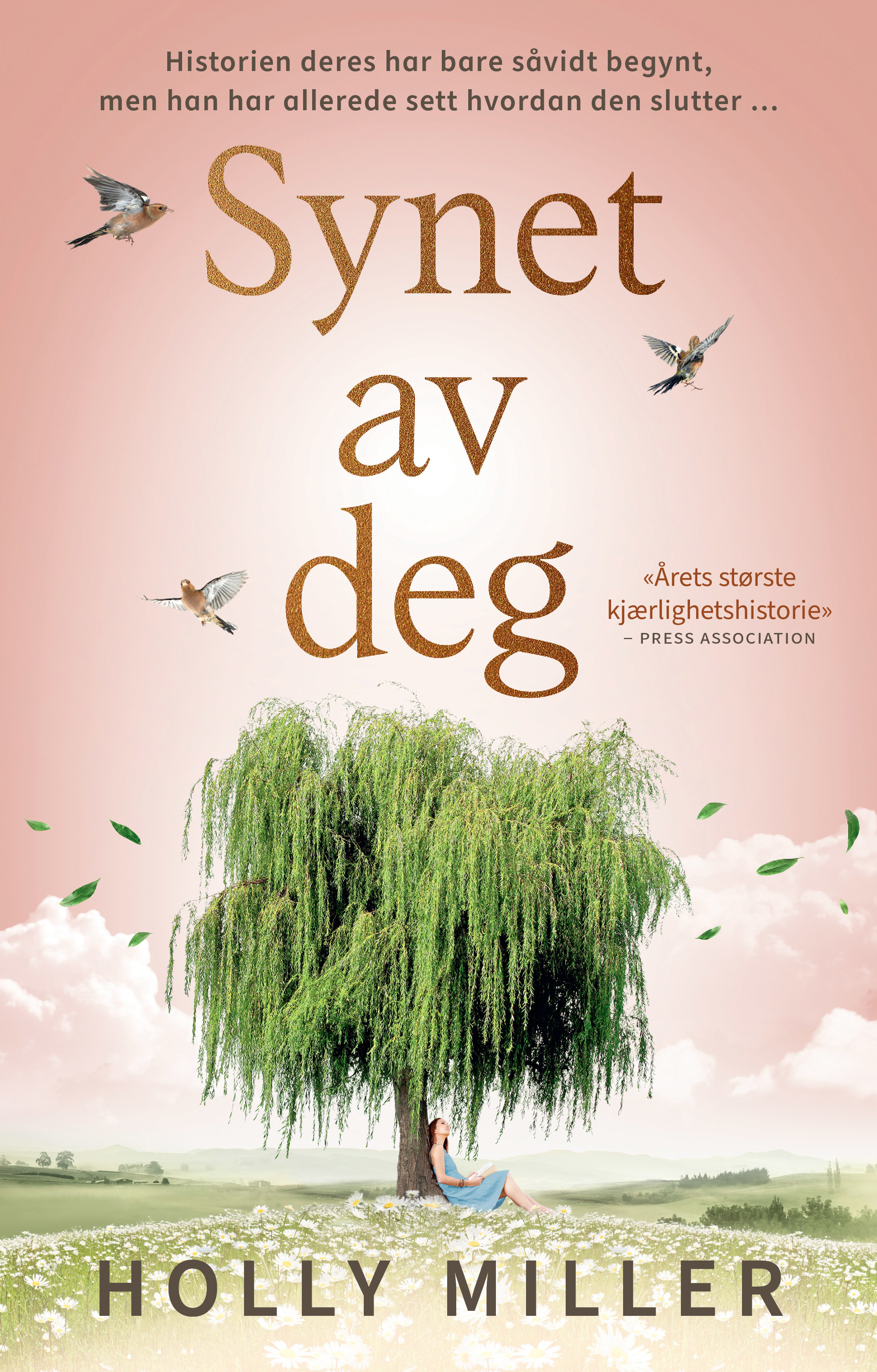 Lys himmel, et stort frodig tre. Ved stammen, på blomsterkledd gress sitter en kvinne. Bokomslag.