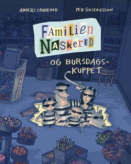 Tegning av to voksne, to barn og en hund som bryter seg inn gjennom et gulv. Bokomslag.