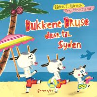 Tegning av de tre bukkene Bruse på en sandstrand. Bokomslag.