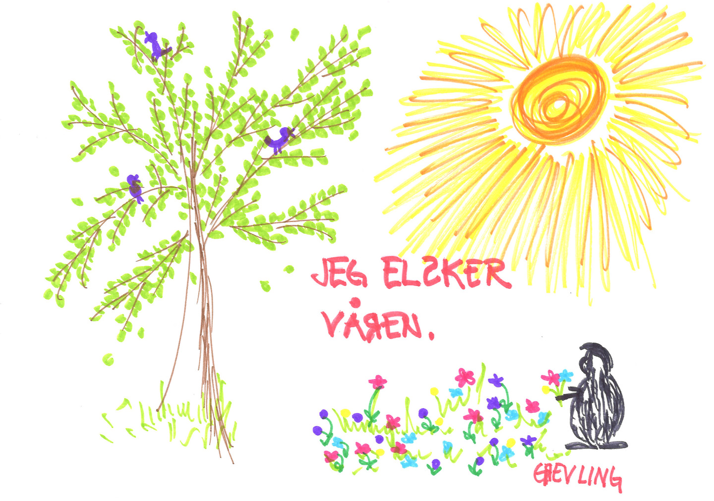 Barnetegning med tre, blomster, fugler og sol. Tegning