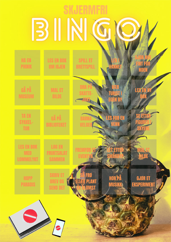 Bingobrett for skjermfri bingo. Gul bakgrunn, ananas med solbriller. Illustrasjon
