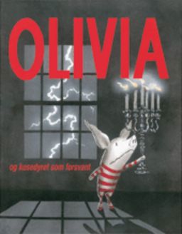Olivia. Bokomslag med liten gris i mørkt rom.