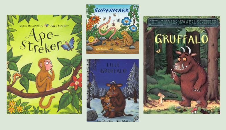 Collage av fire bokomslag av bøkene Apestreker, Supermark, Lille Gruffalo og Gruffalo av Julia Donaldson. Bøkene har tegninger av Axel Scheffler