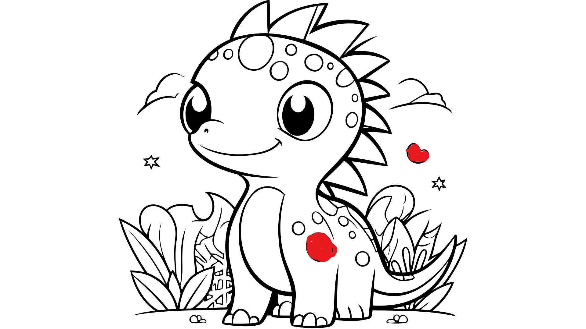 En tegning av em liten dinosaur som kan fargelegges. Litt rødt i påbegynt fargelegging. Tegning.