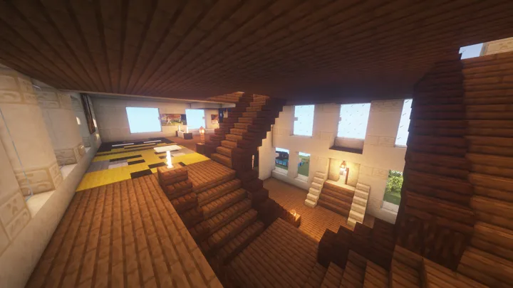 Et rom med massevis av flotte trapper. Bilde fra Minecraft