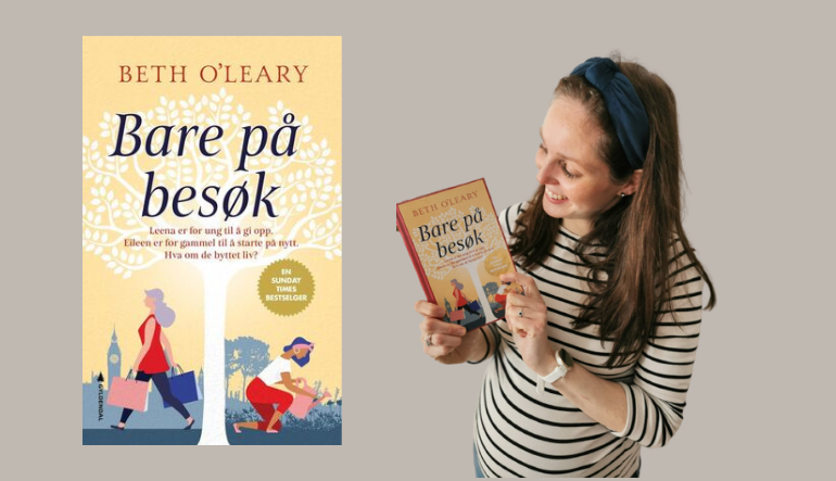 Bilde av bokas omslag som viser tegning av en kvinne som går med to kofferter i hendene og en kvinne som sitter på huk og vanner blomstene med en kanne. Og foto av ansatt på biblioteket som holder boka i hendene sine.