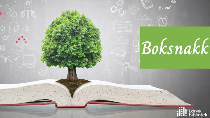 I midten av en åpen bok står det et grønt tre. På veggen bak er det tegninger av ulike ting,  for eksempel en vekkerklokke, en sommerfugl, en fotball, en bok. I et eget felt står det skrevet: Boksnakk. 