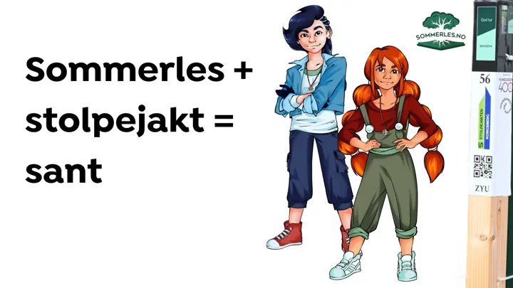 Stolpejakt + sommerles = sant står de på dette bildet. Astrid og Asbjørn fra Sommerles er tegnet og står ved en stolpe fra stolpejakten. Illustrasjon