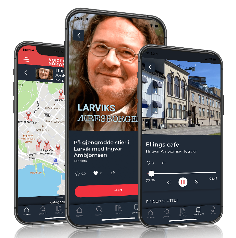 3 mobiltelefoner med oppsløag fra appen Voice of Norway. Illustrasjon