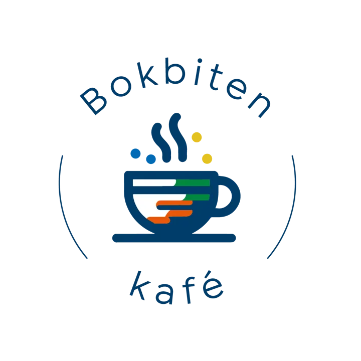 Bokbitens logo: en kaffekopp, tekst i en sirkel rundt (Bokbiten kafe). Logo