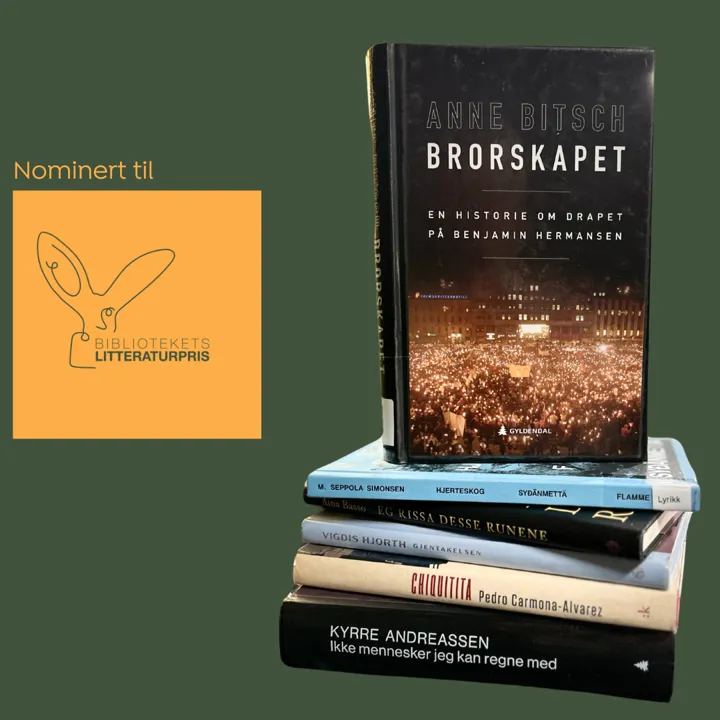 Fotocollage som består av teksten: Nominert til, pluss logoen til bibliotekets litteraturpris og et foto de nominerte bøkene som ligger i en bunke.