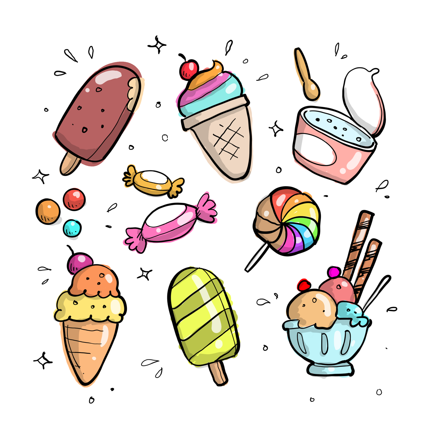 Forskjellige fargerike iskremer, tegnet. Bildet er hentet fra Pixabay