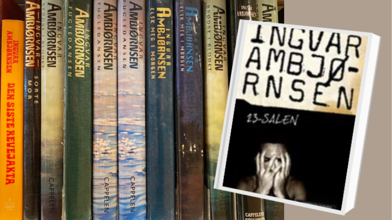 Bokryggene til bøkene i ei hylle og bokomslaget til 23-salen av Ingvar Ambjørnsen