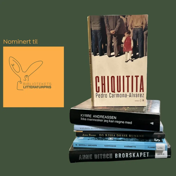 Fotocollage som består av teksten: Nominert til, pluss logoen til bibliotekets litteraturpris og et foto de nominerte bøkene som ligger i en bunke.