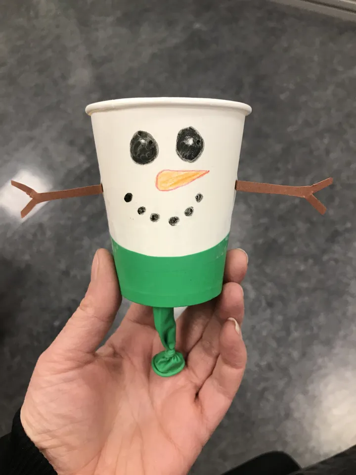 Bildet viser en hånd som holder i en snømannsprettert med grønnballong og et lykkelig snømannfjes. Foto