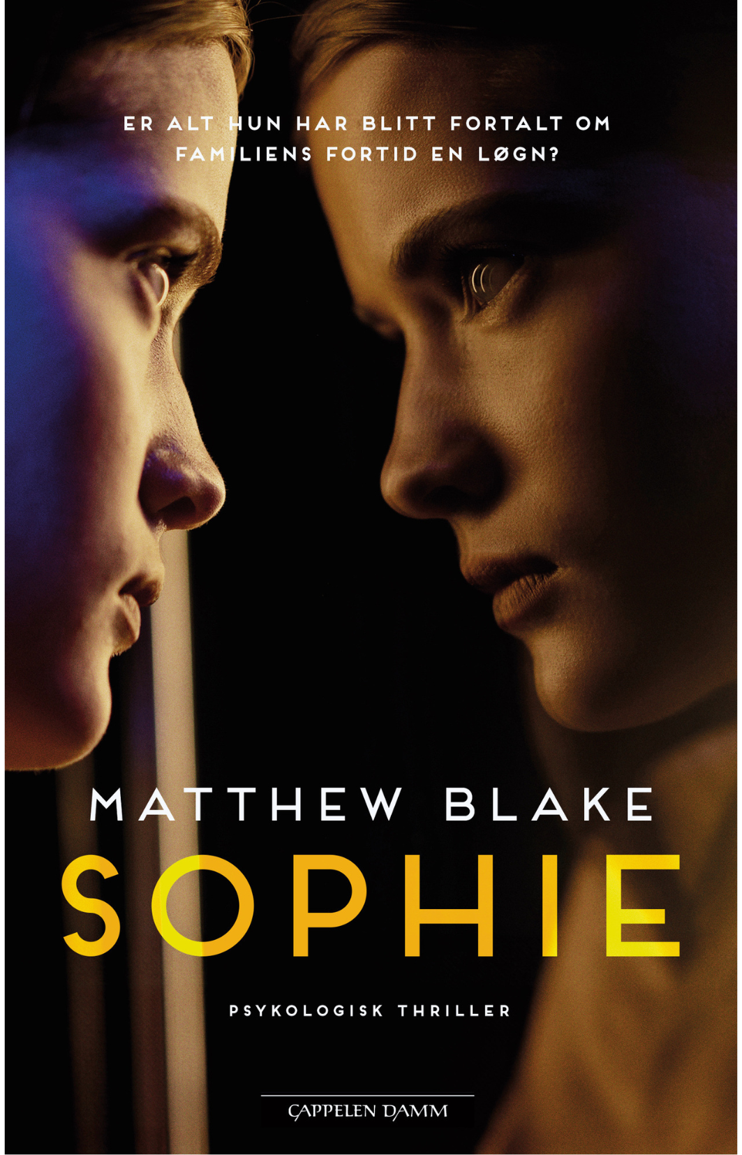 Nærbilde av et ansikt som ser på speilbildet av seg selv i et vindu. Tekst på bildet: Er alt hun har blitt fortalt om familiens fortid en løgn. Matthew Blake.  Sophie - en psykologisk thriller. Cappelen Damm. Bokomslag