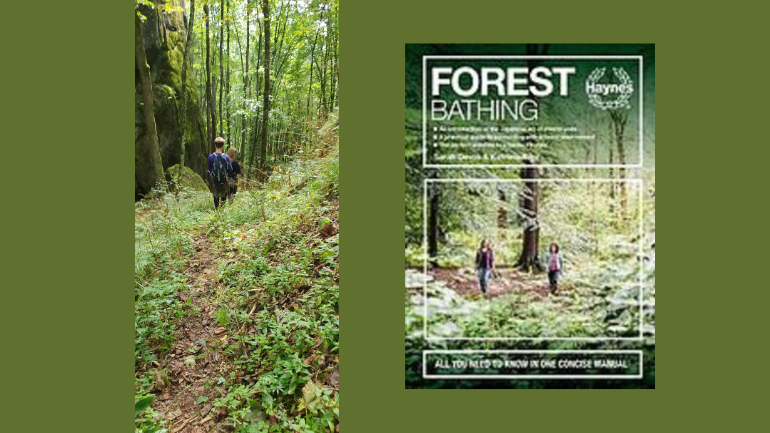 Foto av to mennesker som går på en sti i skogen og et bilde av omslaget til boka Forest Bathing.