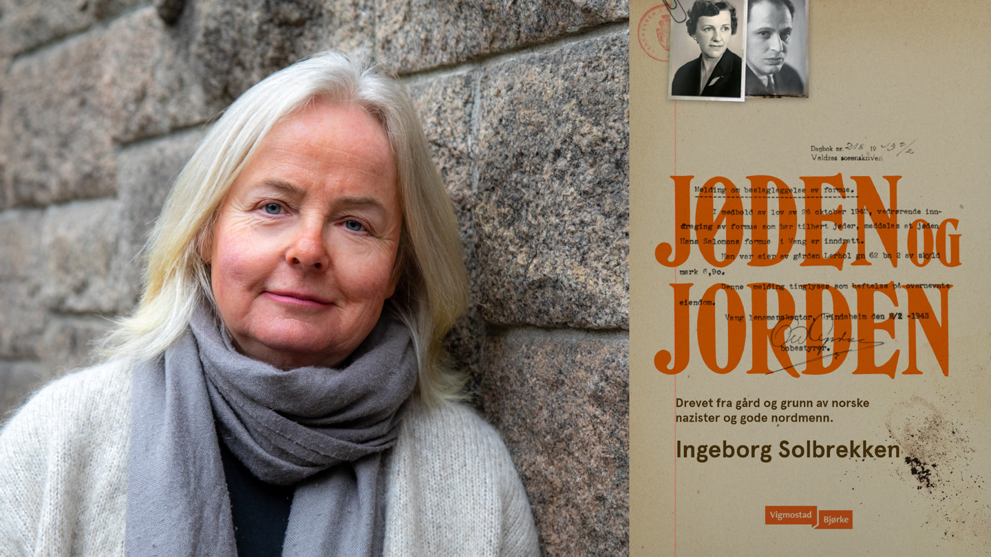 Fargefoto av Ingeborg Solbrekken og fargebilde av bokomslaget til Jøden og jorden