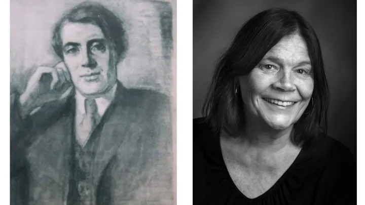 Portrettegning av Herman Wildenvey: Kristofer Sinding-Larsen. Foto av Odveig Klyve: Hans Jørgen Brun.