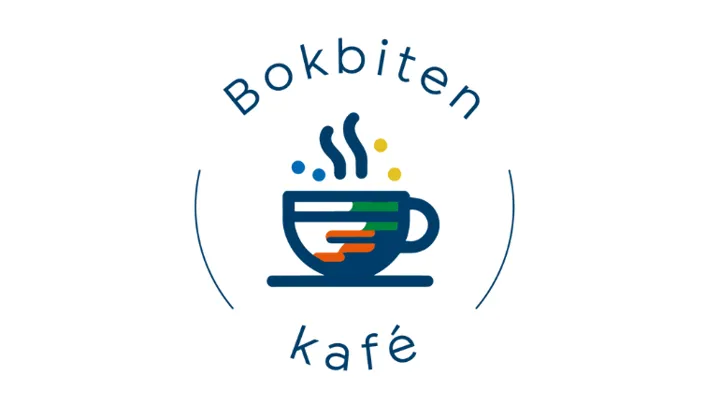 Logo for Bokbiten kafé: en kaffekopp med teksten skrevet i en sirkelform rundt koppen.
