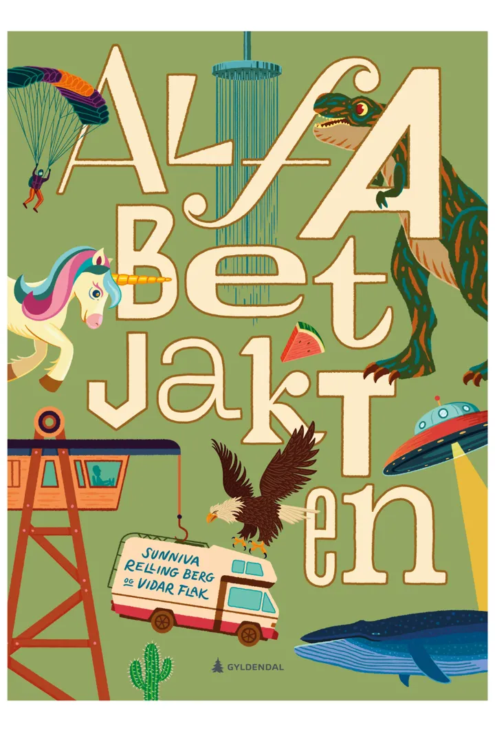 Grafisk fremstilling av en fargerik hest, en heisekran, blåhval og en bobil og av bokstavene i tittelen på boka. Bokomslag