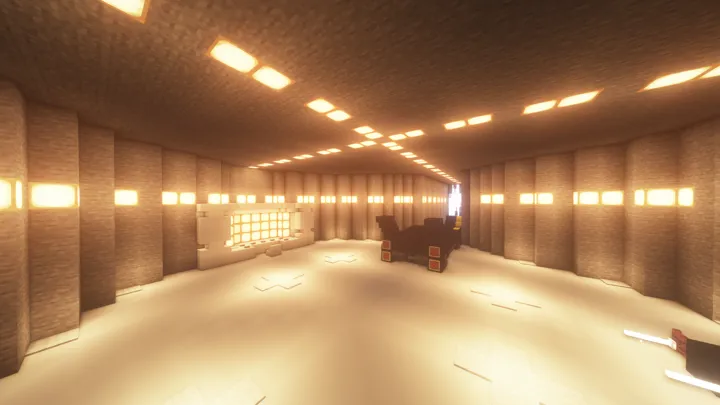Et rom i brunt og gulltoner med lys inn fra flotte vinduer. Bilde fra Minecraft
