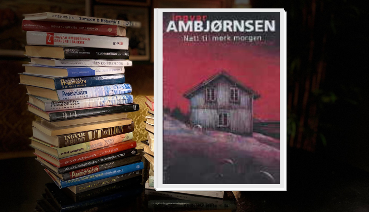 Det ligger en stabel med bøker på et bord. Foran stabelen ser du omslaget til boka Natt til mørk morgen. Det viser et mørkt hus med blodrød himmel bak.
