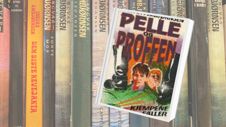 Bokomslaget til Pelle og Proffen, den første boka:  Kjempene faller