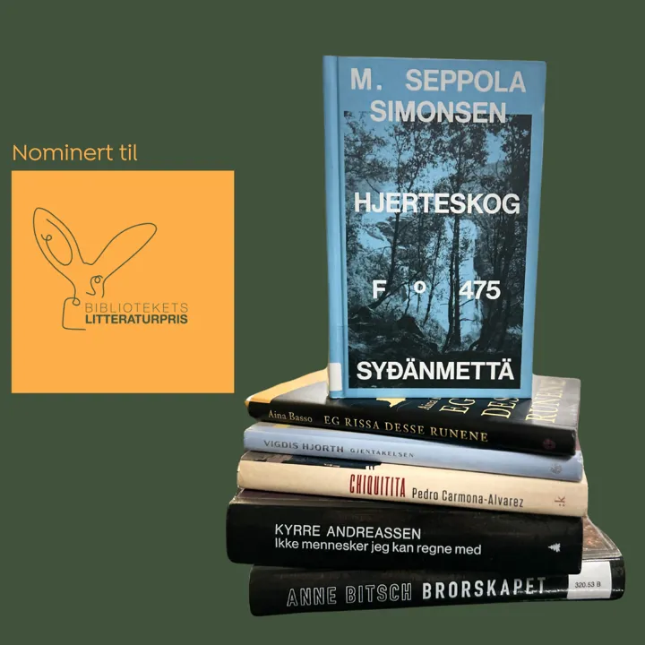 Fotocollage som inneholder et foto av boka Hjerteskog står på en bunke med de fem bøkene som er nominert til Bibliotekets litteraturpris, skriften: Nominert til: og logoen til Bibliotekets litteraturpris