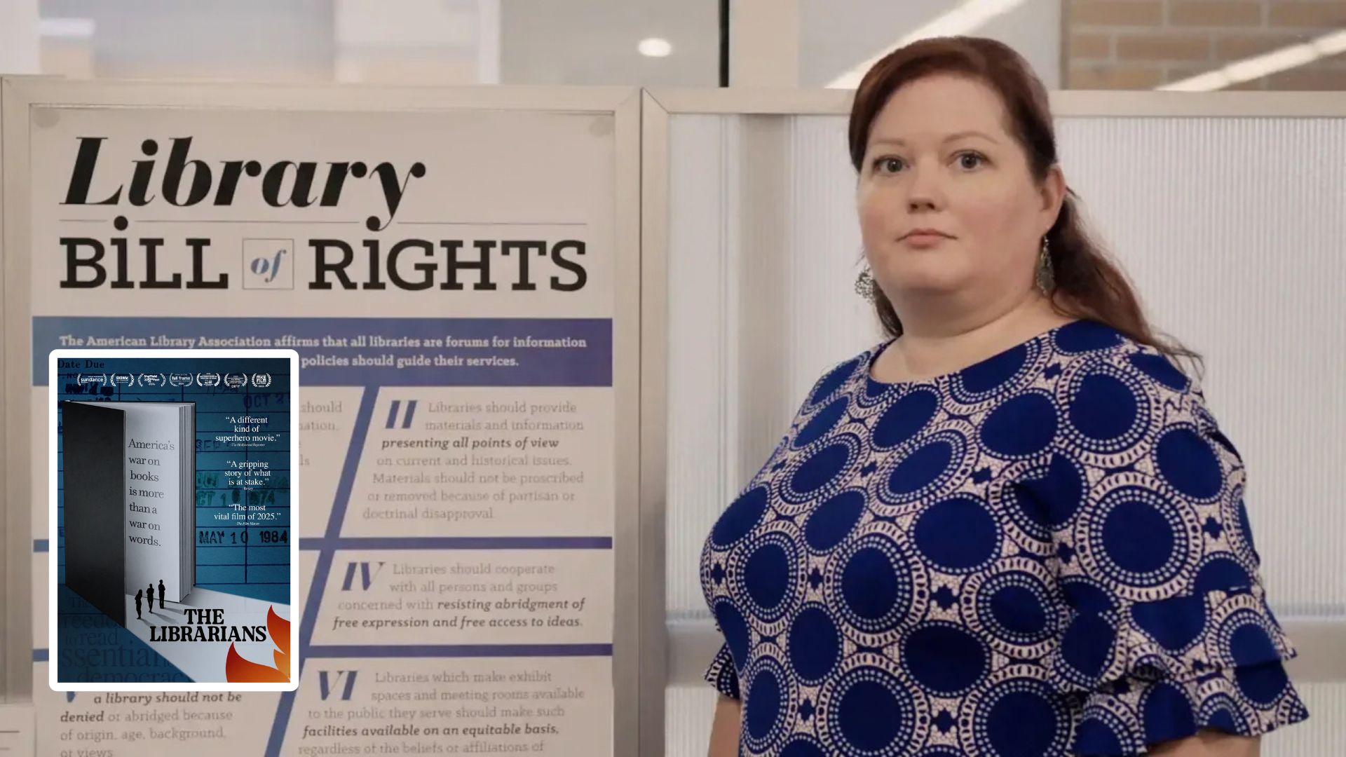 Bildet viser en kvinnelig bibliotekar som står foran en stor plakat med teksten Library Bill of Rights. Innfelt er omslaget til filmen The Librarians.