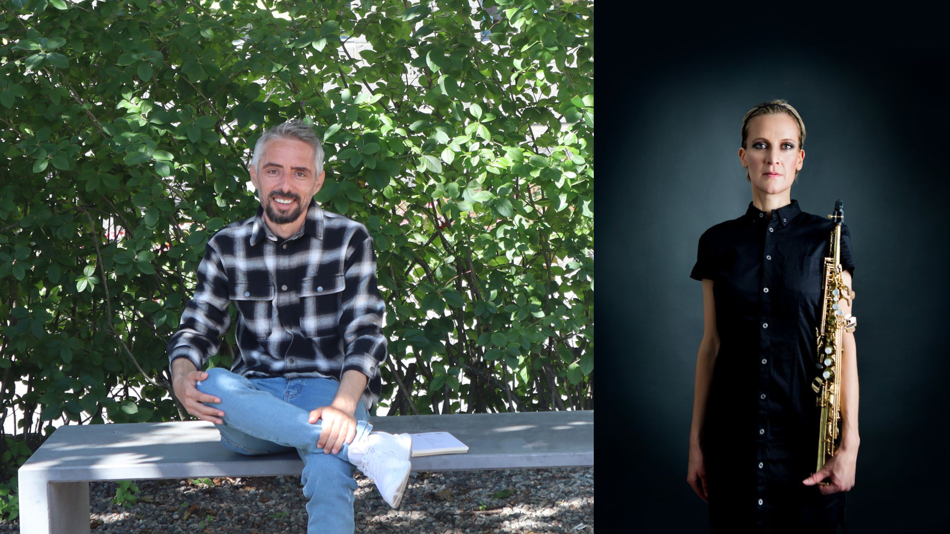 En mann sitter på en benk foran et tre med grønne blader. En kvinne står med sitt instrument, svart bakgrunn. Sammensatt bilde av to bilder. Foto