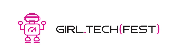 Logo for GirlTechFest: en robot tegnet med rosa streker, på hvi bakgrunn