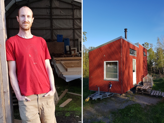 Bildet er sammensatt av to bilder: ett bilde av forfatter Ola Stedje Hanserud, og ett bilde av et mikrohus sett utenfra. Fotocollage.