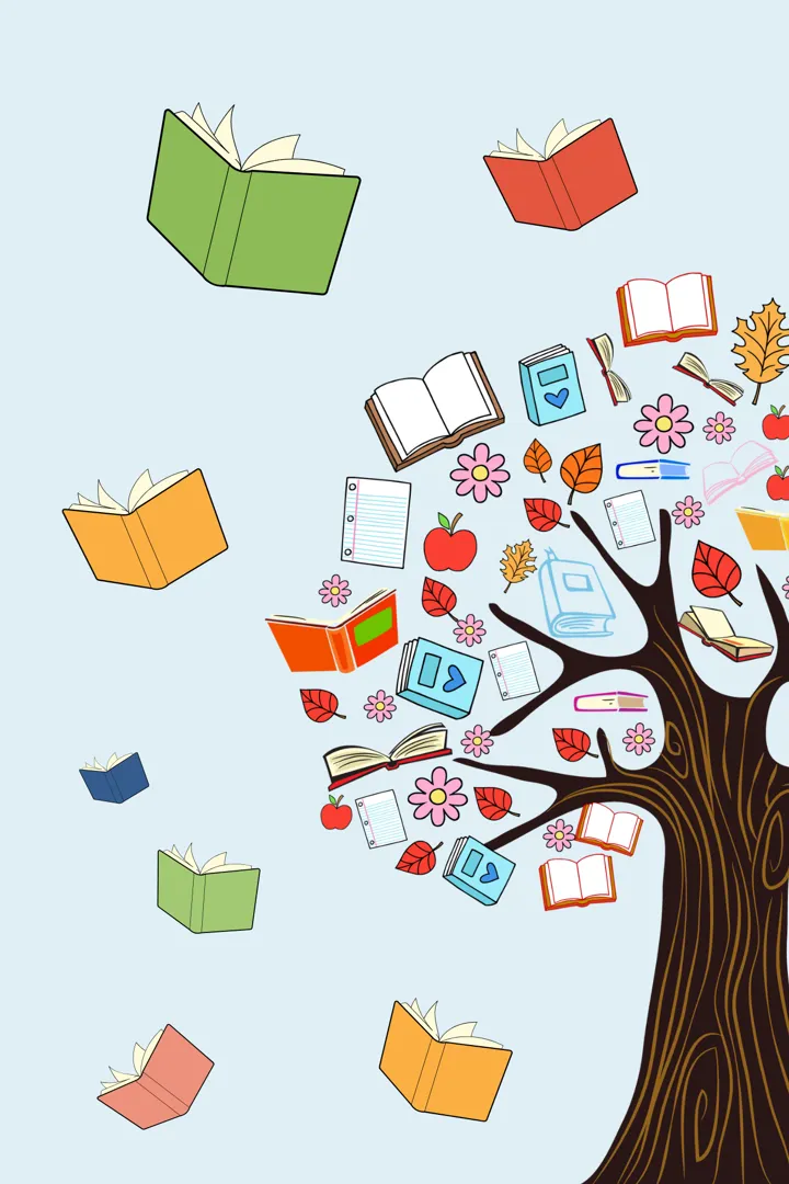 Grafisk fremstilling av et tre der bladene består av bøker, epler, ulike fargerike blader,. Rundt treet er det åpne bøker som svever. Tegning.