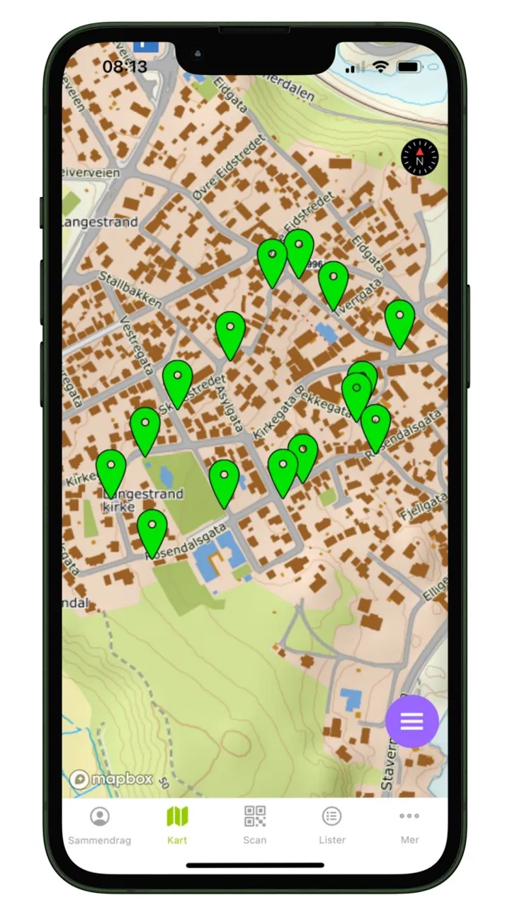 Mobiltelefon med et stolpejakten kart