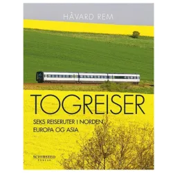 Et tog med tre vogner, en sennepsgul åker og et grønt jorde. Det står skrevet med store bokstaver: Togreiser. Bokomslag
