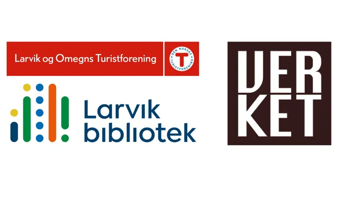 Samarbeidspartnernes logoer: Verket, Larvik og omegn turistforening og Larvik bibliotek