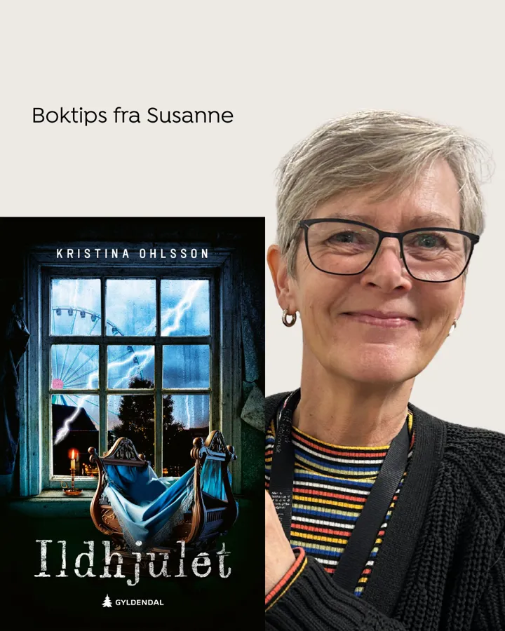 Fotocollage satt sammen av profilbilde av kvinne med kort lyst hår, briller og stripete genser og et bilde av omslaget til boka Ildhjulet.