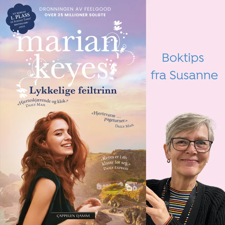Profilbilde av kvinne med kort hår og briller og bokomslag til boka Lykkelige feiltrinn. Collage.