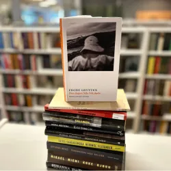 Bokstabel som viser de ti nominerte bøkene til Bibliotekets litteraturpris. Øverst på stabelen står boka Den dagen Nils Vik døde. Foto.